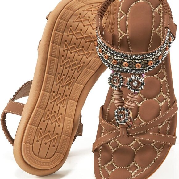 Shoes - Womens Bohemian Dressy Summer Sandals Rubber Sole Elastic Ankle Strap